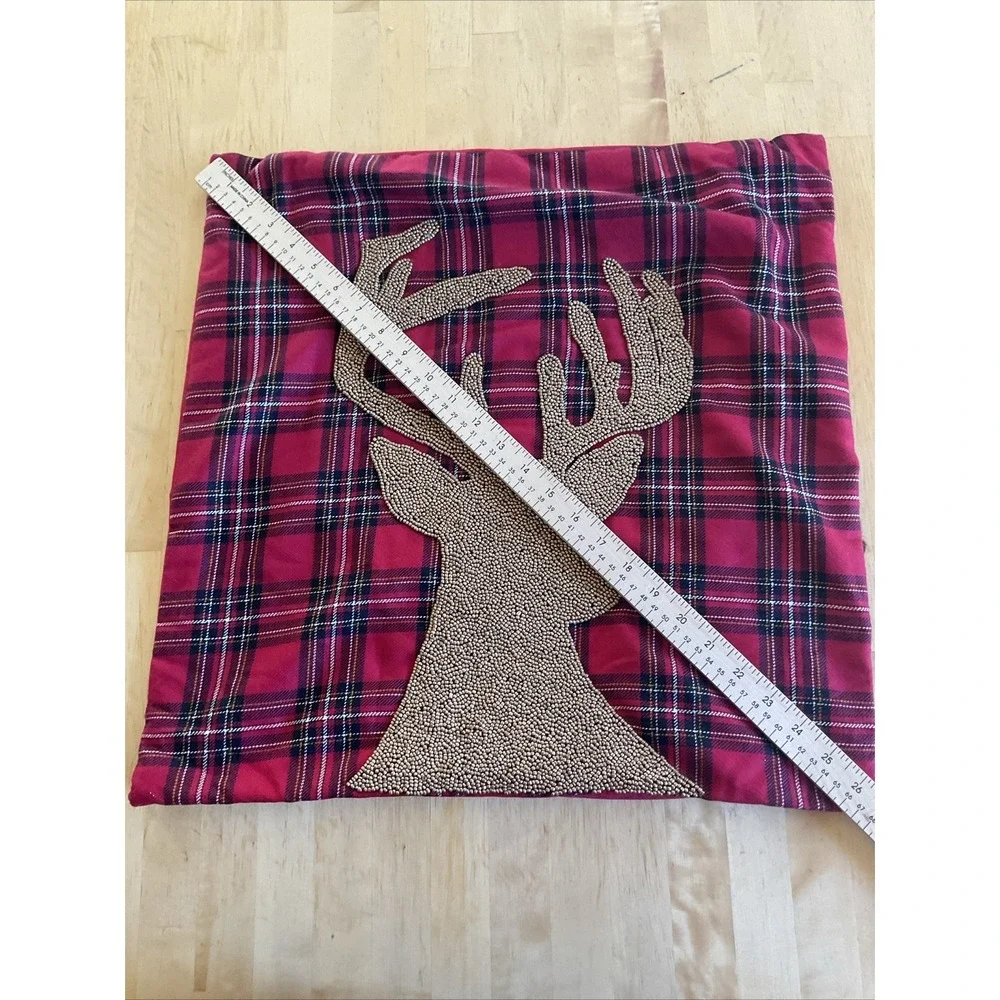 Pier 1 One Red Plaid Beaded Throw Pillow Cover Holiday Christmas Large